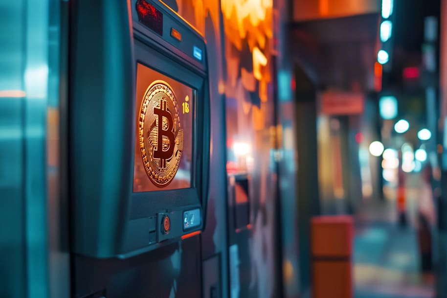 Close-up of a Bitcoin ATM displaying the BTC logo on a glowing screen at night illustrating the rise of digital currency kiosks in urban areas.