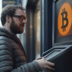 Bearded man using a Bitcoin ATM on a city street representing real-world adoption and user-friendly crypto cash-out technology.
