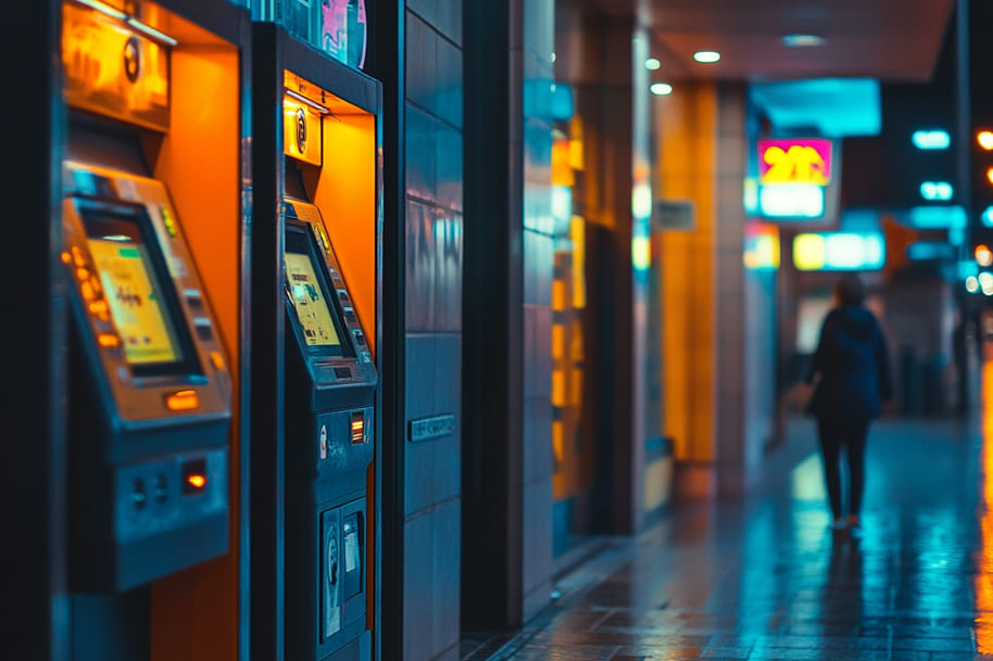 Row of modern Bitcoin ATMs with bright orange lights in a downtown setting showcasing convenient access to cryptocurrency services after hours.