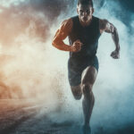 Muscular athlete sprinting through clouds of smoke and light representing explosive motivation, intense discipline, and pushing limits like in competitive gaming or slots
