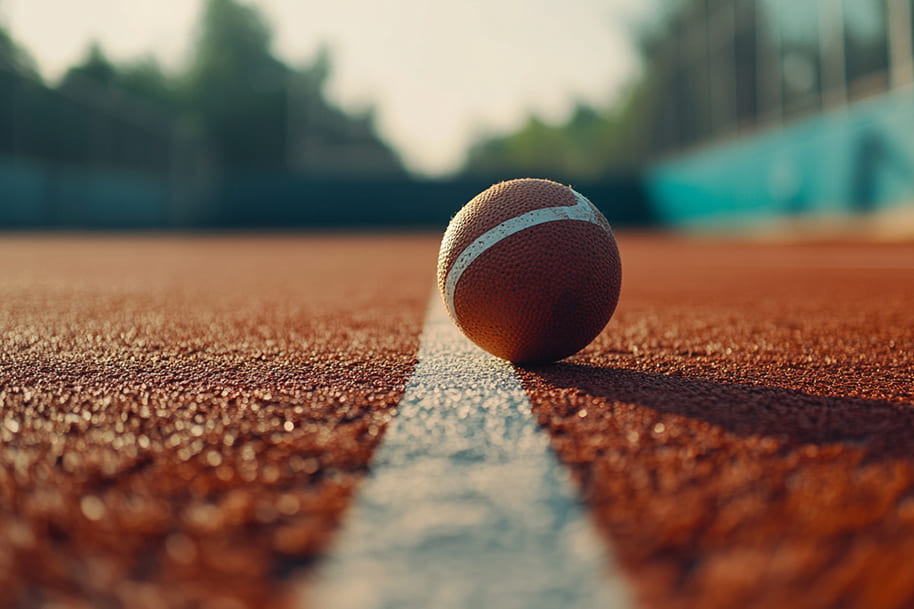 Low-angle view of sports ball on court line at sunrise illustrating focus, early practice, and structured effort toward personal excellence.