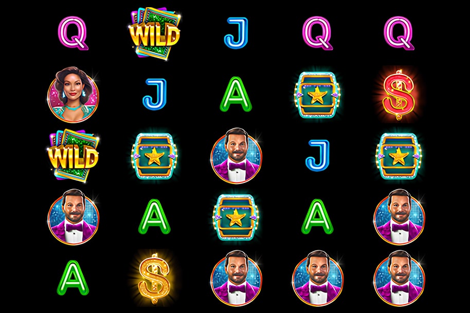 Gameplay screen of “The Cash Is Right” slot game showing colorful reels with character symbols, wilds, and dollar icons in a vibrant design.