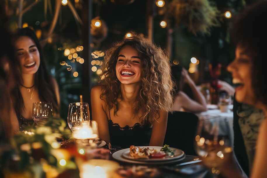 Curly-haired woman laughing during a glamorous outdoor dinner – just like the excitement players feel when receiving instant withdrawals on Eternal Slots.