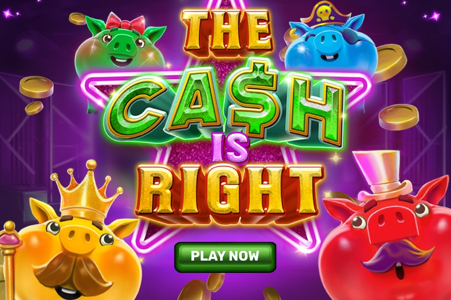 Promotional banner for “The Cash Is Right” slot game featuring colorful cartoon pigs, neon lights, and a big “Play Now” button.