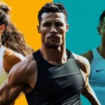 Group of fit and focused athletes in sports gear with bold colored background showcasing peak performance and the energetic spirit behind fast casino payouts.