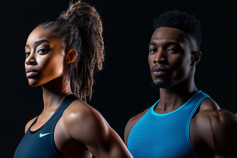 Strong female and male athletes posing in sportswear with confident expressions symbolizing power, performance, and fast-paced action like instant casino withdrawals.