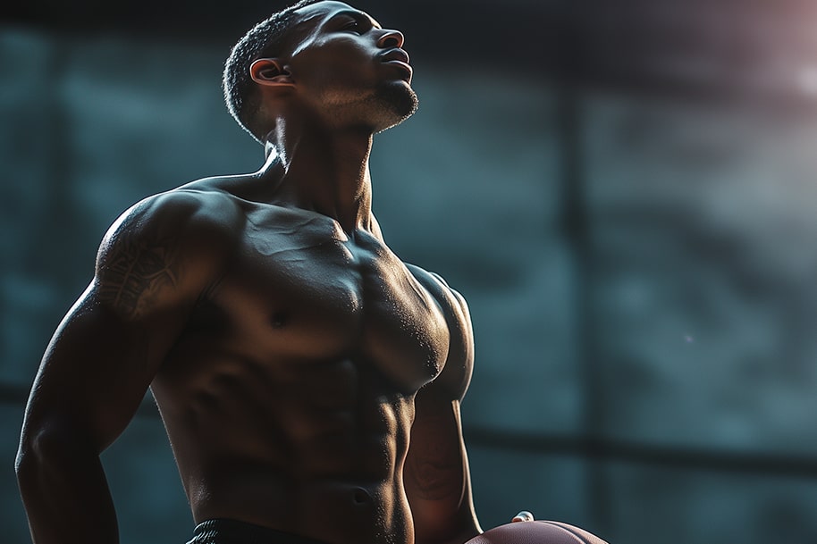 Muscular man holding a basketball in a spotlight representing strength, focus, and the thrill of big wins at Eternal Slots.