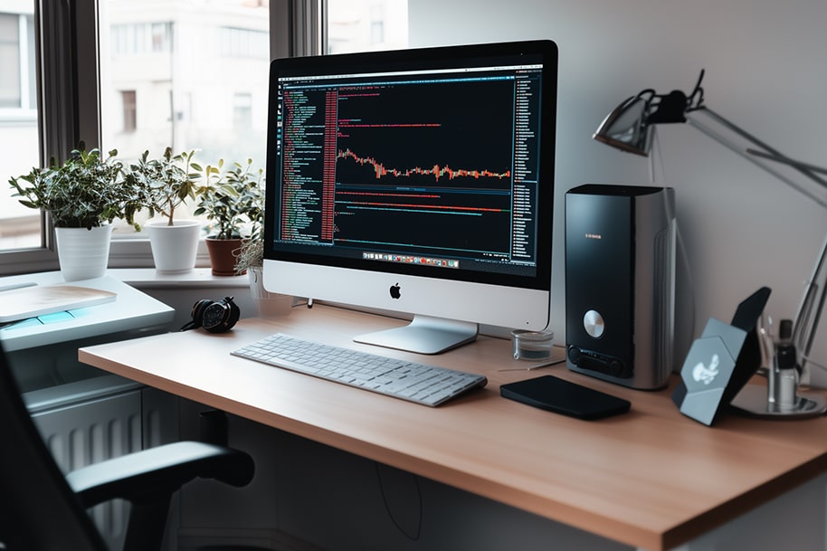 Modern AI-powered desktop setup with code and analytics on screen – highlighting smart work environments and artificial intelligence tools used for data analysis and productivity at EternalSlots.com