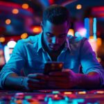 Man playing mobile casino games in neon-lit casino lounge.