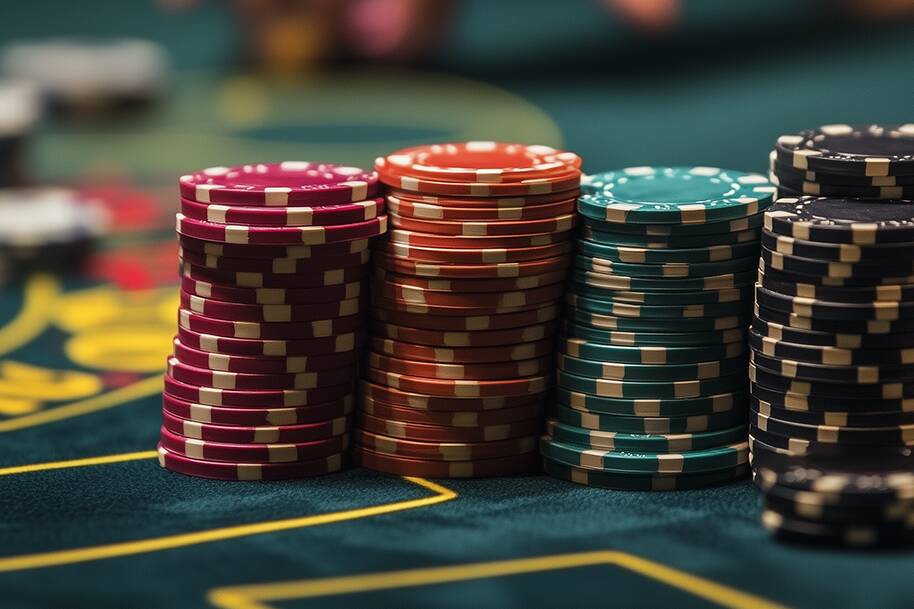 Stacks of colorful poker chips on green felt table – Fast cashouts and high-stakes action on Eternal Slots