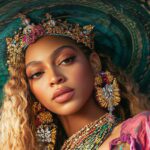 Regal woman in a majestic wide-brim hat and ornate crown adorned with jewels – radiating queen energy, style, and confidence in a vibrant, empowering setting.