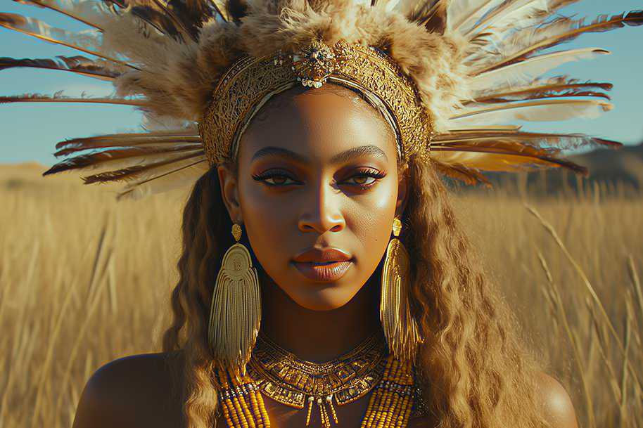 Empowered Beyoncé wearing a golden feathered crown and tribal jewelry, standing tall in a sunlit field channeling ancestral elegance and divine feminine energy.