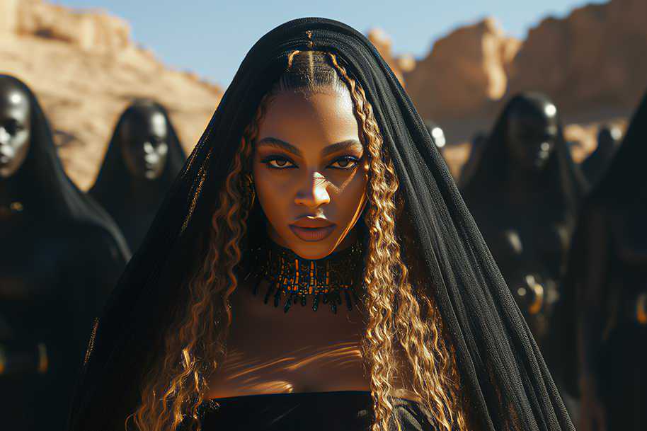 Striking Beyoncé in black veil with golden braids, standing powerfully among shadowed figures in a desert symbolizing strength, mystery, and leadership.