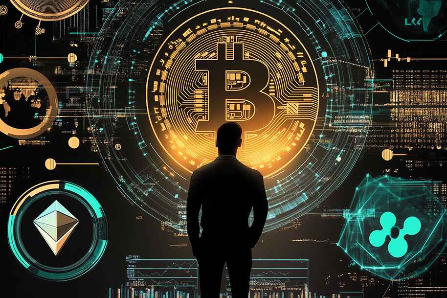 Silhouette of a man looking at giant digital Bitcoin symbol with Ethereum and Ripple icons representing multiple crypto options for fast online casino payouts.