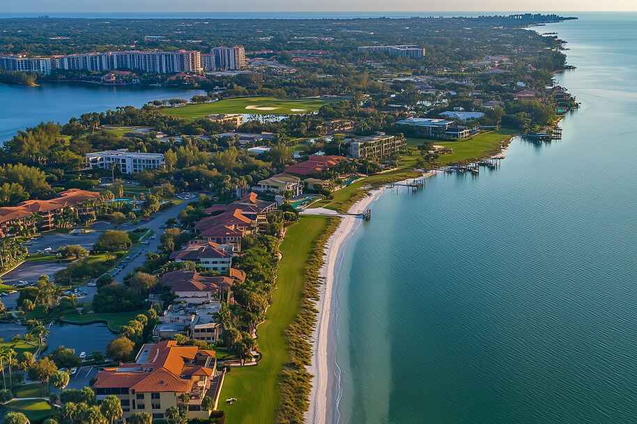 Aerial view of luxurious beachfront homes and clear waters along the white sandy coast of Siesta Key, Florida.