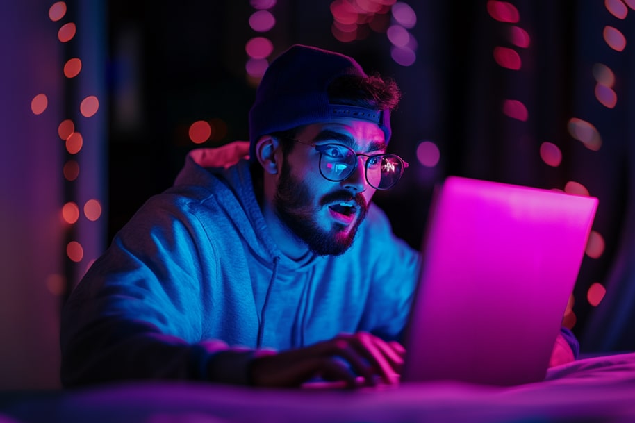 Shocked young man in hoodie and cap staring at laptop screen with neon lights reacting to a massive online casino win or real-time crypto withdrawal at Eternal Slots.