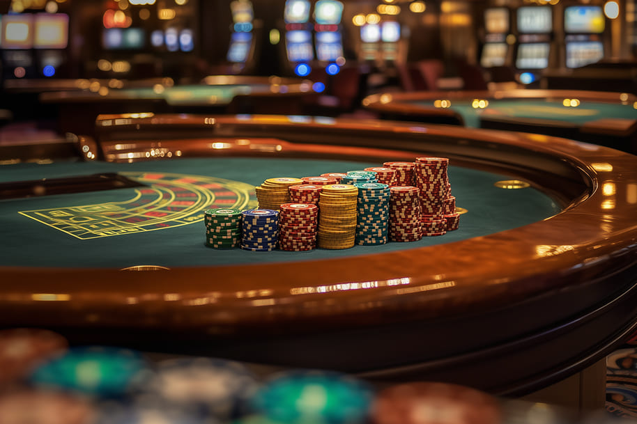 Close-up of colorful poker chips stacked on a roulette table in a casino, symbolizing casino loyalty programs, strategy, and the casino atmosphere.