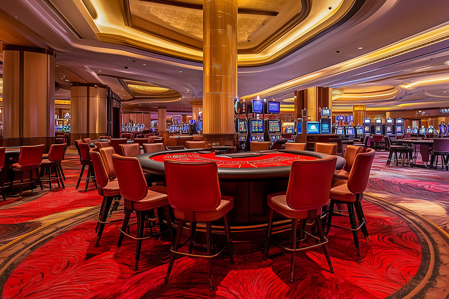 Luxurious casino interior with red carpeting, gaming tables, and slot machines, highlighting the grandeur and thrill of in-person gambling experiences.