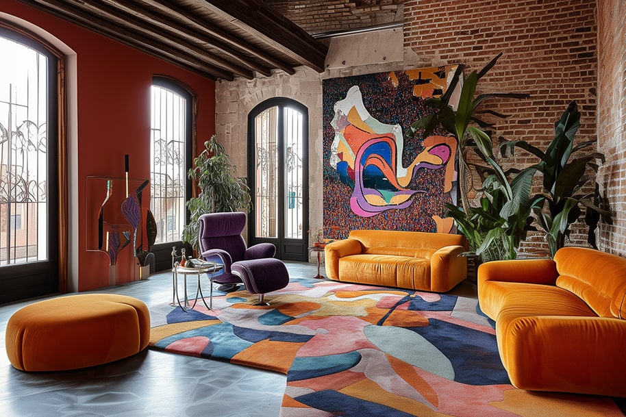 Modern loft interior with bold orange sofas, purple lounge chairs, a colorful abstract rug, and brick walls, showcasing maximalist and artistic decor trends.