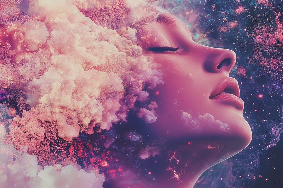 Dreamy female face merging with cosmic clouds and stardust representing the delulu trend and inner peace and euphoria that comes with seamless wins and instant payouts.