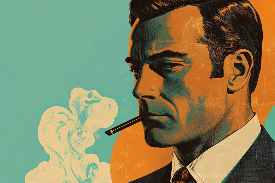 Vintage-style illustrated man in a suit smoking a cigarette, evoking noir aesthetics, classic masculinity, and retro storytelling visuals.