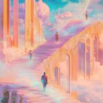 Surreal pastel staircase ascending through dreamy clouds into golden towers – symbolizing a heavenly escape, just like the feeling of instant casino withdrawals at Eternal Slots.