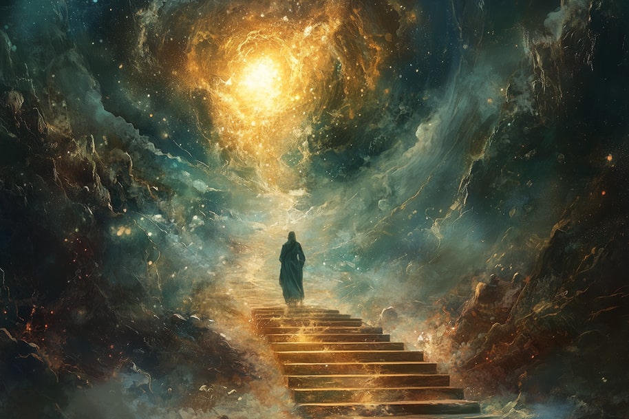 Lone figure climbing glowing stairs into a celestial explosion of light a visual metaphor for chasing cosmic luck and reaching legendary wins with instant rewards.