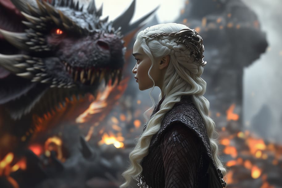Fantasy woman with silver braided hair standing confidently in front of a fierce dragon in a fiery landscape, symbolizing power, loyalty, and epic storytelling.