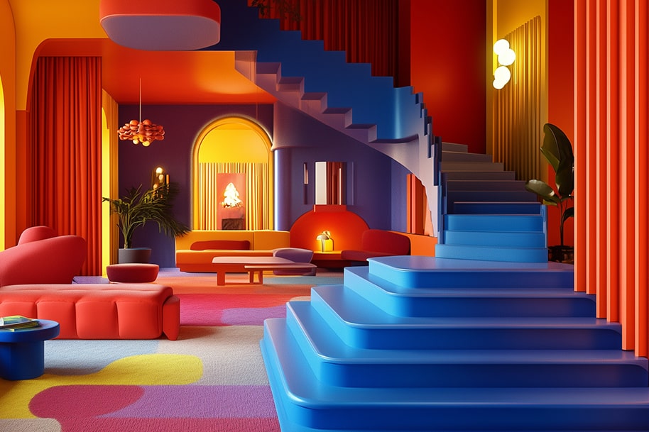 Futuristic interior with a vibrant blue staircase, red and yellow furniture, and curved walls, representing experimental design and immersive color psychology.