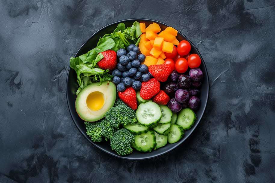 Colorful bowl of gut-friendly foods including avocado, berries, leafy greens, broccoli, and cucumber – ideal for a gut health diet and digestive wellness.