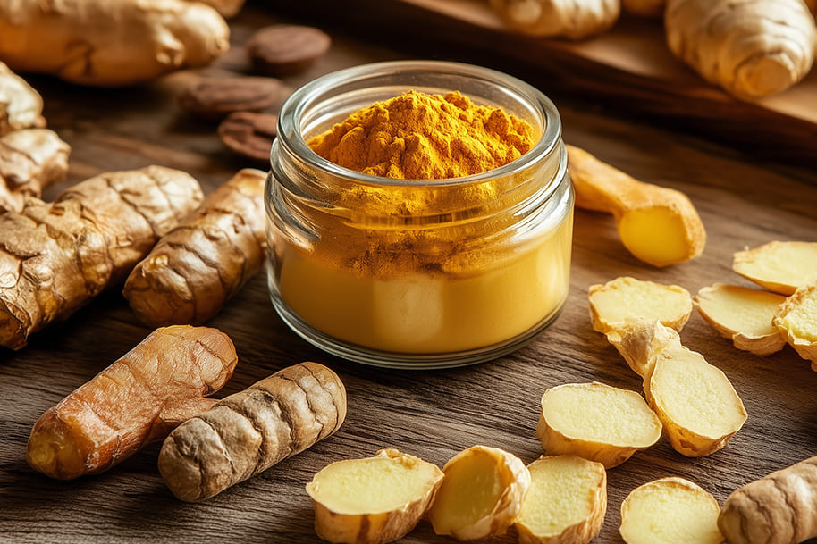 Close-up of turmeric powder in a jar surrounded by fresh turmeric and ginger roots – anti-inflammatory foods for digestive wellness and gut health support.