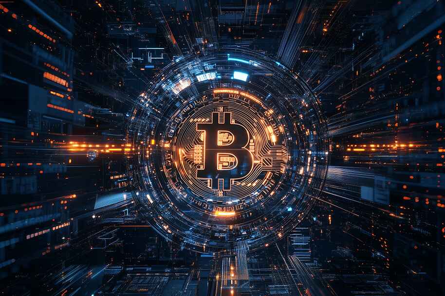 Futuristic digital Bitcoin symbol surrounded by glowing data streams representing crypto payments and fast transactions at Eternal Slots online casino.