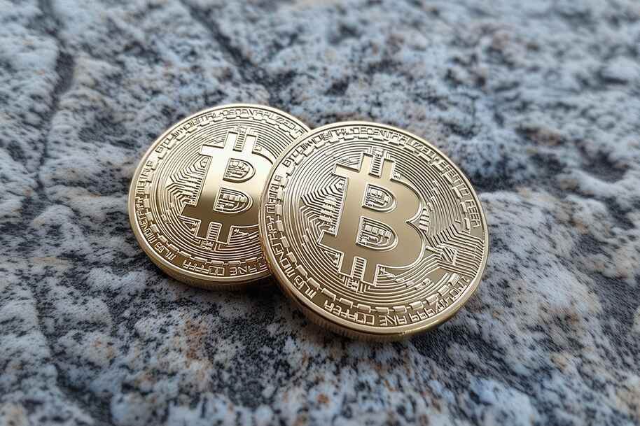 Two physical Bitcoin tokens on a stone surface symbolizing the use of cryptocurrencies for instant casino withdrawals on Eternal Slots.