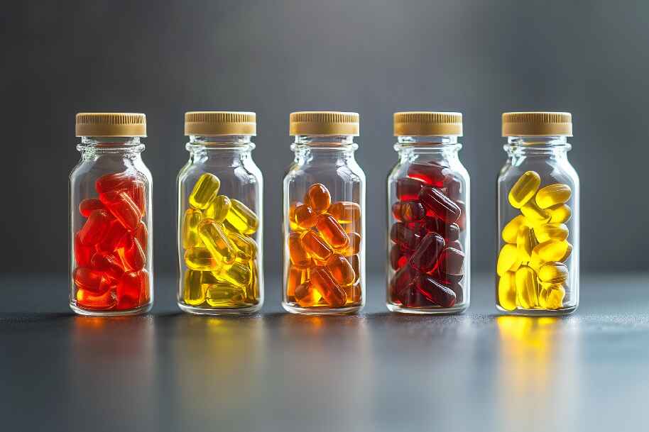 Five glass jars filled with multicolored capsules, illustrating variety in nutritional supplements and the appeal of personalized health choices.
