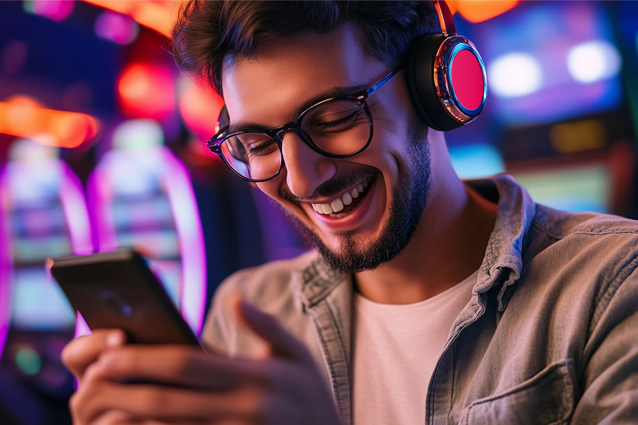 Young man smiling while gaming on his smartphone in a neon-lit casino setting, reflecting the fun and immersive world of online slot games.
