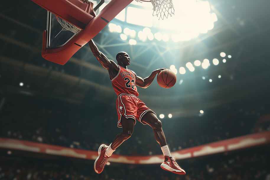 Legendary basketball player mid-air dunk in a packed stadium, showcasing peak power, iconic athleticism, and competitive spirit.