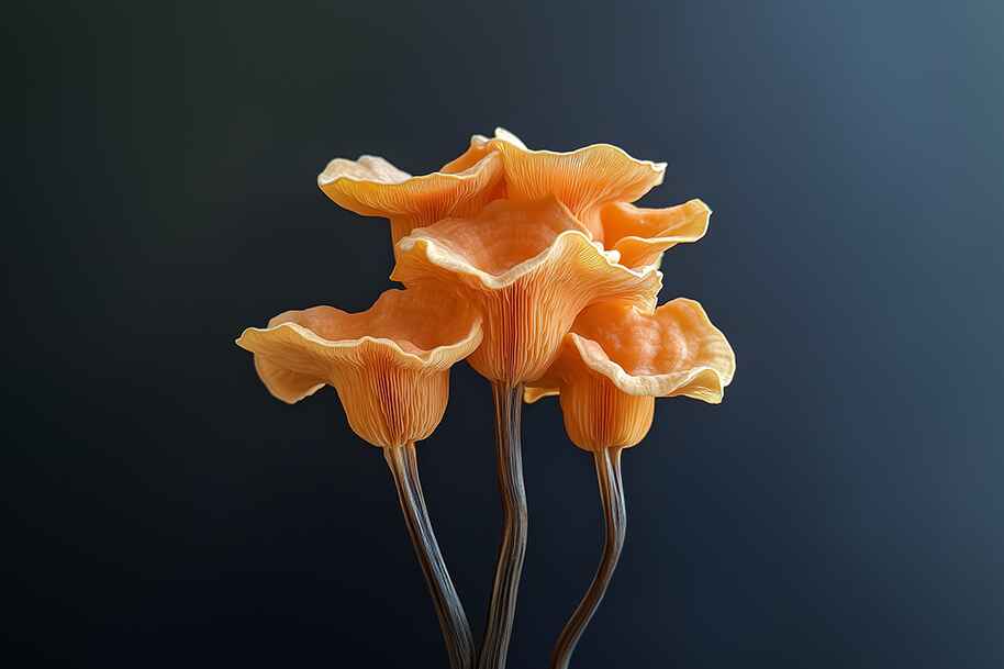 Close-up of elegant orange Tremella mushrooms with wavy caps and slender stems, highlighting their natural beauty and rising status as a superfood for skin and health in 2025.