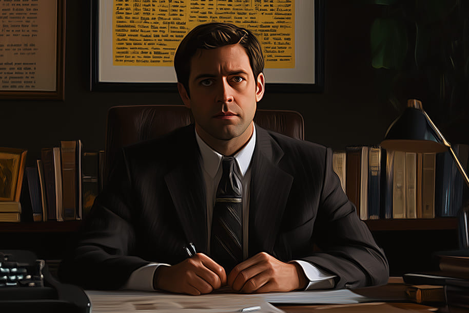 Serious-looking man in a suit at a classic office desk, surrounded by books and papers, representing mystery, authority, and old-school decision-making.