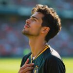 Young athlete looking upward on a sports field, hand on heart, symbolizing pre-game rituals and personal luck habits, featured in Eternal Slots' blog on winning routines and instant withdrawals.