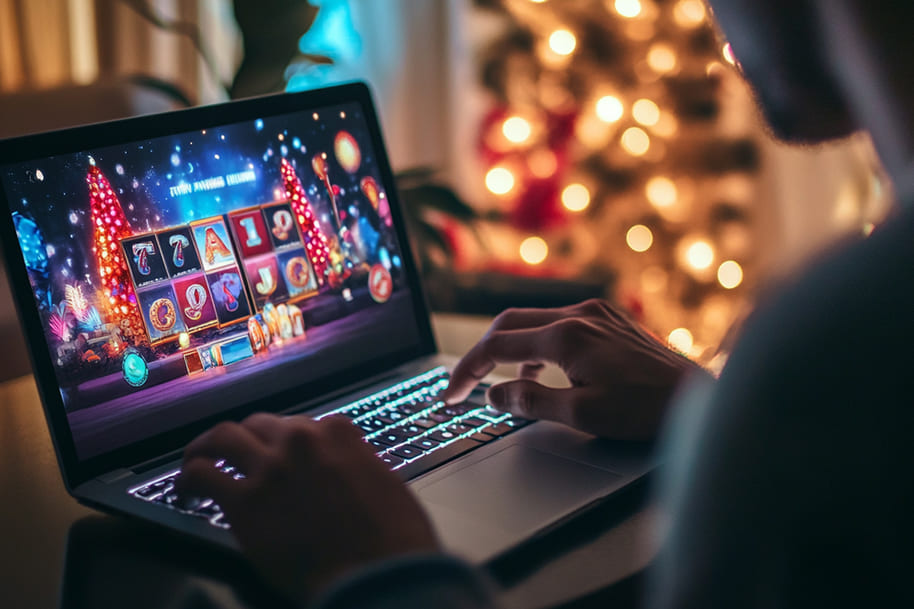 Player enjoying festive-themed online slot game on laptop in cozy setting reflecting the fun and seasonal appeal of home gambling