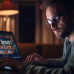 Focused man wearing glasses playing online slots on his laptop highlighting the comfort and accessibility of home-based casino entertainment
