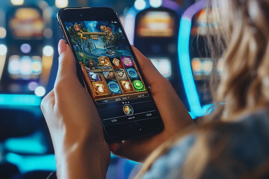 Close-up of woman playing an online slot machine on her smartphone showing the popularity of mobile casino gaming in 2025