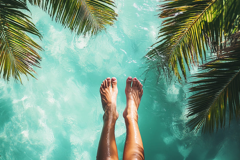 Woman's feet hovering above crystal-clear blue ocean, highlighting barefoot luxury, tropical escapes, and vacation relaxation.
