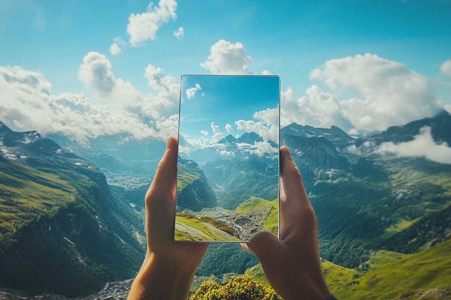 Hands holding tablet showing same view as background mountains, blending digital and nature, ideal for mindful travel content and phone-free vacation.