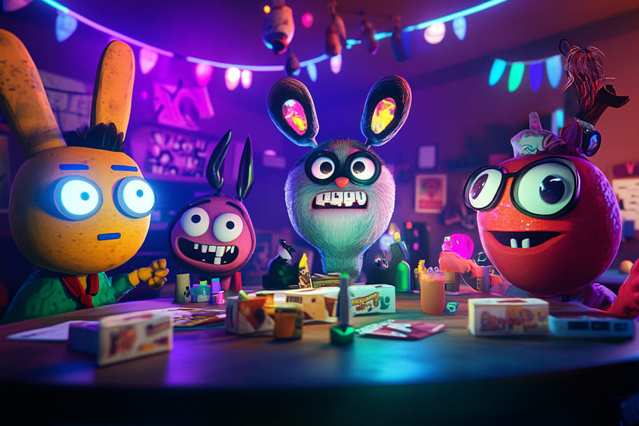 Quirky Jackbox Party Pack characters gathered around a table under neon party lights perfect for group game nights and interactive trivia fun.