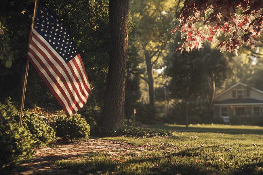 American flag flying outside a suburban home surrounded by trees representing patriotic traditions and family remembrance on Memorial Day.