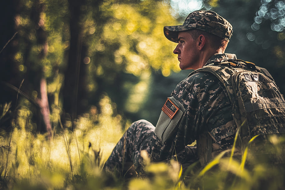 American soldier sitting in a peaceful forest setting reflecting on service, honor, and the spirit of Memorial Day 2025.