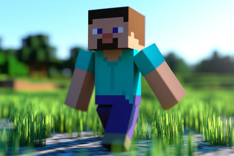 Minecraft Steve avatar exploring a sunny, block-built grassy field symbolizing creative building and endless adventure.