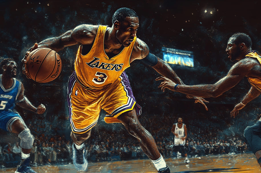Dynamic basketball player in Lakers jersey driving through defenders – capturing the intensity of NBA Playoffs and the spirit of legends made in May.