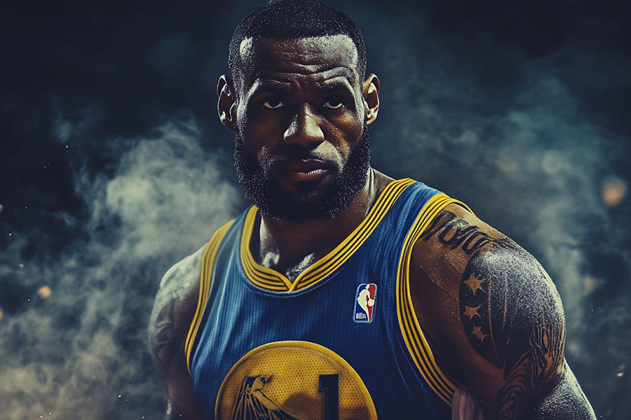 Focused basketball legend in Golden State Warriors jersey surrounded by dramatic lighting representing determination, legacy, and playoff dominance.